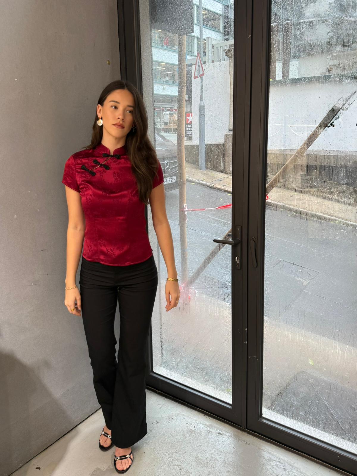 Crimson Red Bamboo Mandarin Collar Top